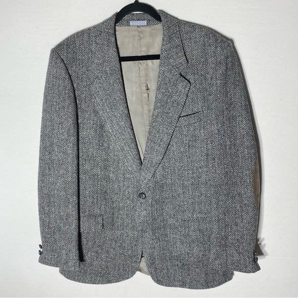 Vintage Harris Tweed Leishman Classic Grey Wool Herringbone Blazer 46R - Picture 1 of 16